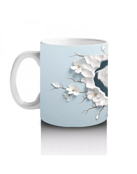 Çiçekli Duvarı Delen Sevimli Beyaz Yavru Köpek – Baskılı Kahve Kupası