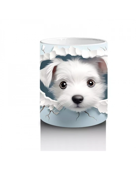 Çiçekli Duvarı Delen Sevimli Beyaz Yavru Köpek – Baskılı Kahve Kupası