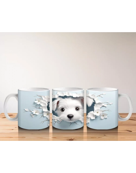 Çiçekli Duvarı Delen Sevimli Beyaz Yavru Köpek – Baskılı Kahve Kupası