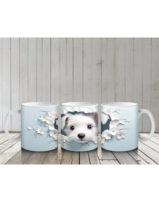 Çiçekli Duvarı Delen Sevimli Beyaz Yavru Köpek – Baskılı Kahve Kupası