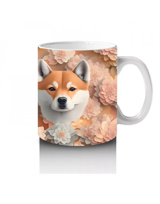 Çiçekli Fon Üzerinde İkili Shiba Inu Portresi – Baskılı Kupa