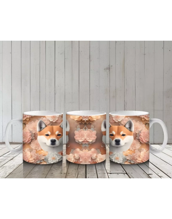 Çiçekli Fon Üzerinde İkili Shiba Inu Portresi – Baskılı Kupa