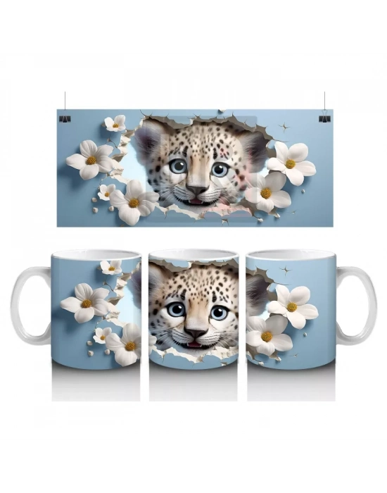Çiçekli Fon Üzerinde Leopar Yavrusu – Baskılı Kahve Kupası