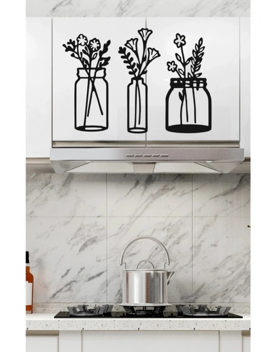 ® Çiçekli Kavanozlar – Ahşap Mutfak Duvar Dekoru (3’lü Set)