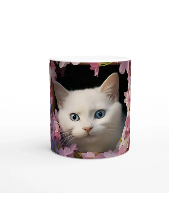 Çiçekli Pencereden Bakan Mavi Gözlü Kedi Temalı Baskılı Kupa Bardak