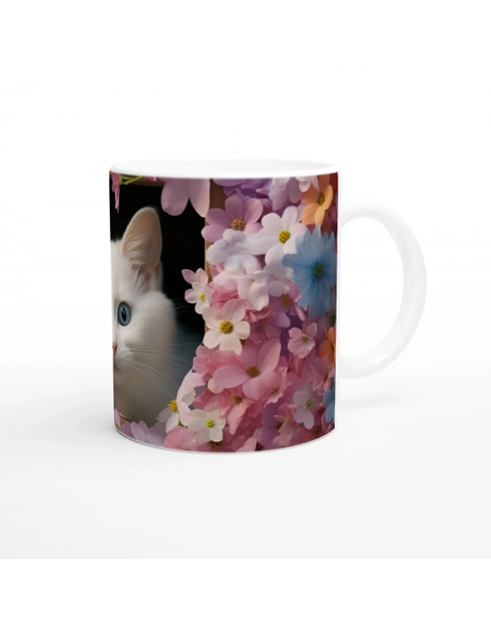 Çiçekli Pencereden Bakan Mavi Gözlü Kedi Temalı Baskılı Kupa Bardak