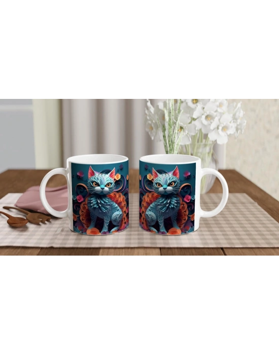 Çiçekli Sanatsal Kedi Baskılı Kupa Bardak