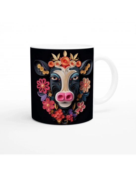 Çiçekli Sevimli İnek Tasarımlı Sanatsal Kupa Bardak