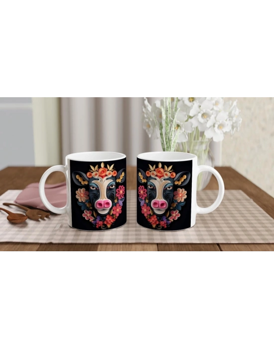 Çiçekli Sevimli İnek Tasarımlı Sanatsal Kupa Bardak