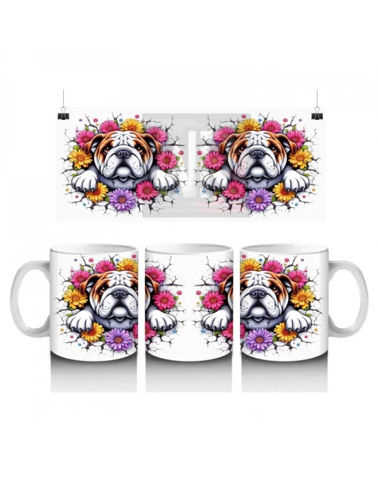 Çiçekli Taç Takmış Bulldog İllüstrasyonu – Baskılı Kahve Kupası