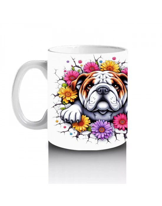 Çiçekli Taç Takmış Bulldog İllüstrasyonu – Baskılı Kahve Kupası