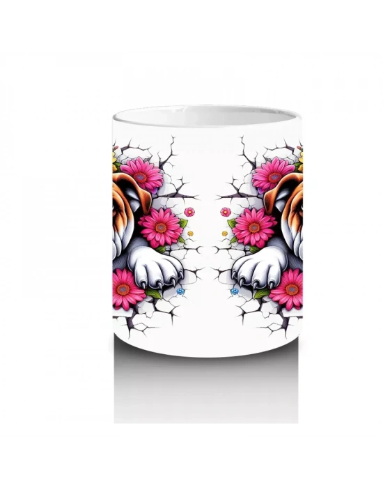 Çiçekli Taç Takmış Bulldog İllüstrasyonu – Baskılı Kahve Kupası