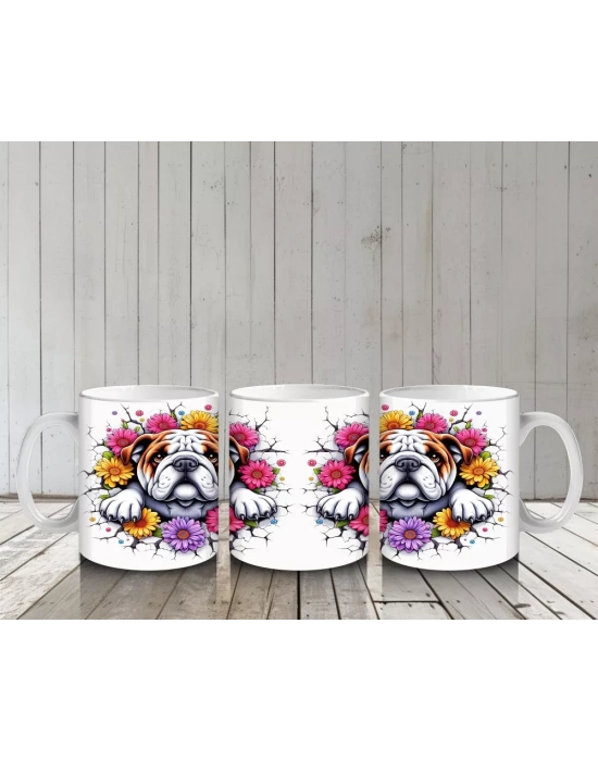 Çiçekli Taç Takmış Bulldog İllüstrasyonu – Baskılı Kahve Kupası