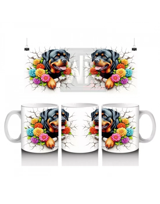 Çiçekli Taç Takmış Neşeli Rottweiler İllüstrasyonu – Baskılı Kahve Kupası