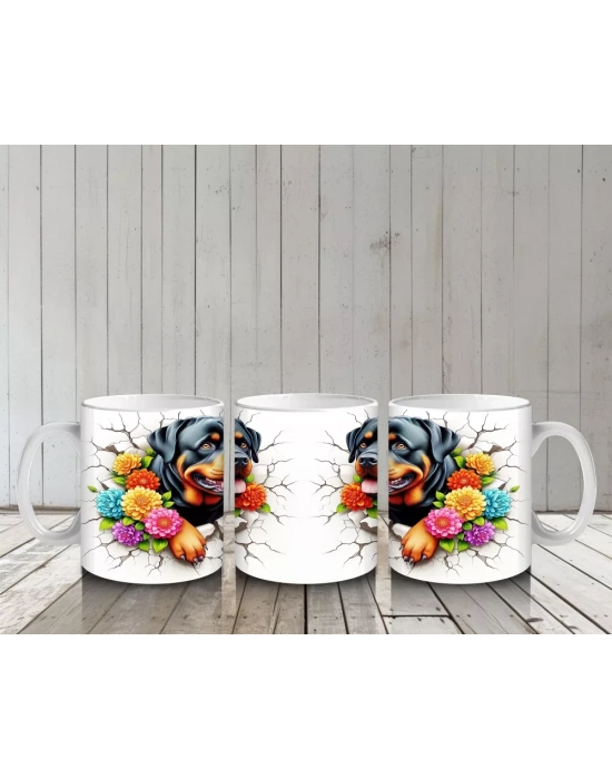 Çiçekli Taç Takmış Neşeli Rottweiler İllüstrasyonu – Baskılı Kahve Kupası