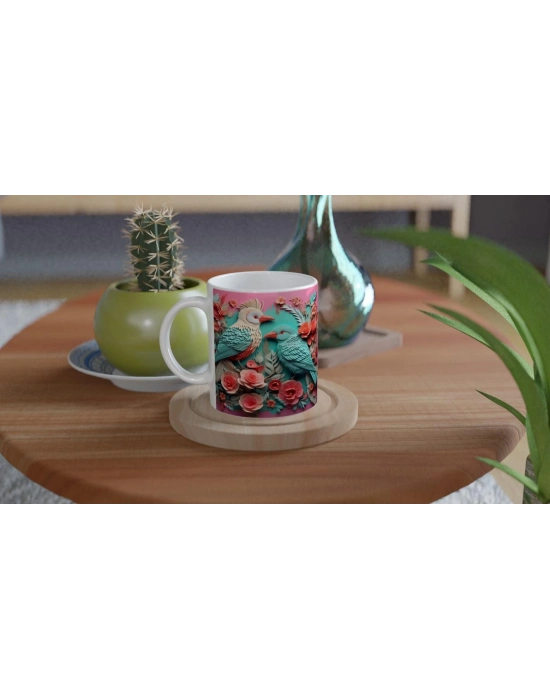 Çiçekli Tropikal Kuş Baskılı Kupa Bardak