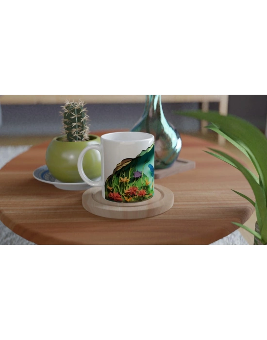 Çiçekli Vadi Üzerinde Uçan Mavi Yusufçuk Temalı Baskılı Kupa Bardak