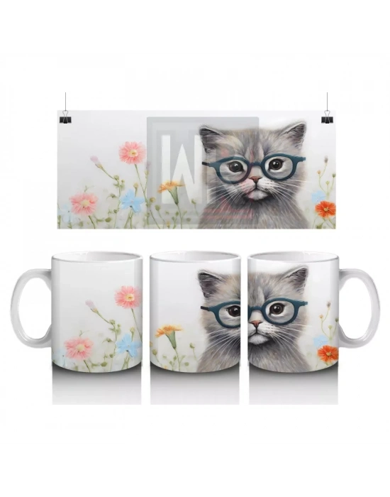 Çiçekli Zemin Üzerinde Gözlüklü Sevimli Kedi – Baskılı Kahve Kupası