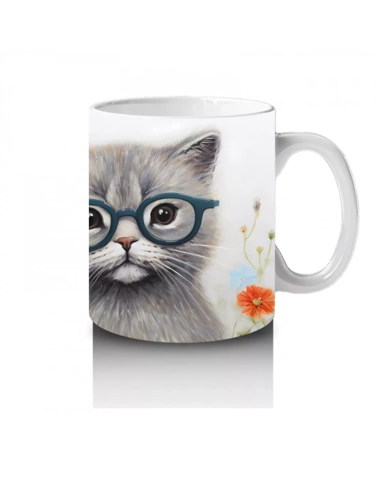 Çiçekli Zemin Üzerinde Gözlüklü Sevimli Kedi – Baskılı Kahve Kupası