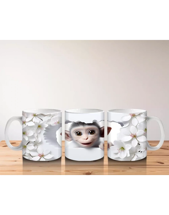 Çiçekli Zemin Üzerinde Sevimli Maymun – Baskılı Kahve Kupası