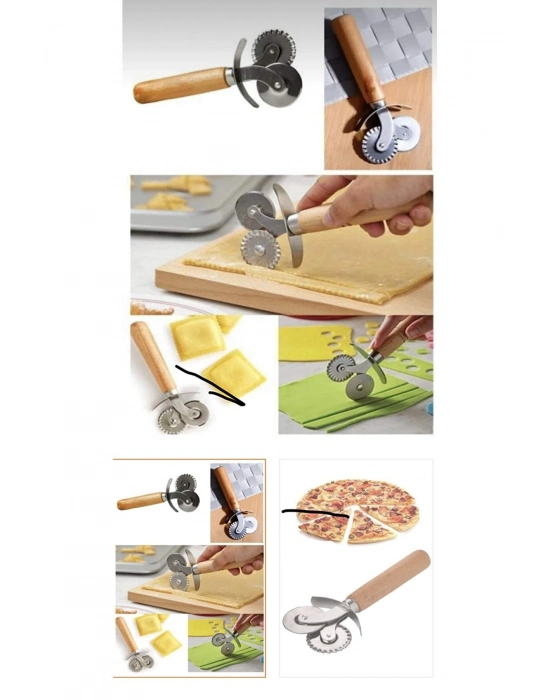 Çift Başlıklı Ahşap Saplı Pizza Kesici Hamur Kesici