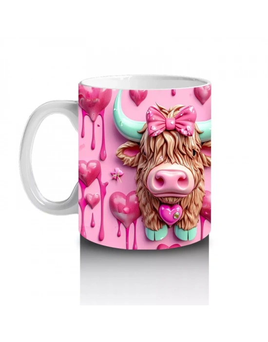 Çift Boynuzlu İnek Figürleri Kalplerle – Baskılı Kahve Kupası