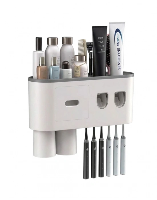 Çift Dispenserli Diş Macunu Sıkacağı 6 Fırçalık Bardaklı Banyo Organizer