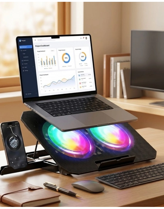Çift Fanlı Laptop Soğutucu RGB Işıklı Sessiz Notebook Standı