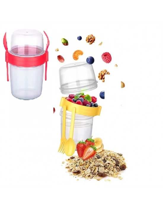 Çift Hazneli - Çatal Kaşıklı Portatif Müsli -atıştırmalık Kabı 800 Ml
