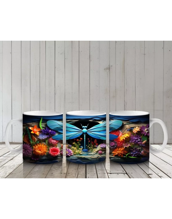 Çift Mavi Yusufçuk ve Çiçek Bahçesi – Baskılı Kahve Kupası