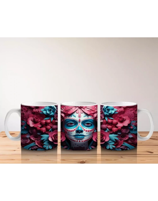 Çift Renk Çiçekler Arasında Buz Makyajlı Yüz – Hediyelik Kahve Kupası