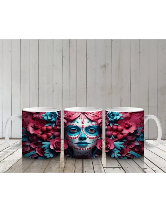 Çift Renk Çiçekler Arasında Buz Makyajlı Yüz – Hediyelik Kahve Kupası