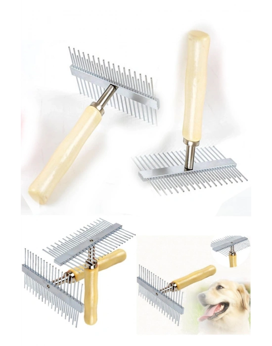 Çift Taraflı Ahşap Saplı Ergonomik Evcil Hayvan Fırçası Tarağı