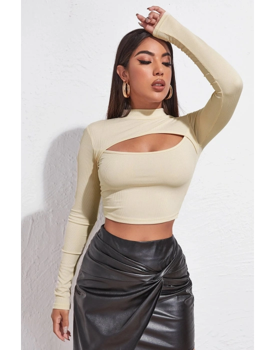 Kadın Ekru Göğüs Dekolteli Uzun Kollu Cut Out Crop Top Bluz