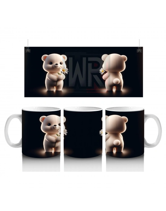 Çift Taraflı Papatyalı Minik Ayıcık Figürü - Baskılı kahve kupası