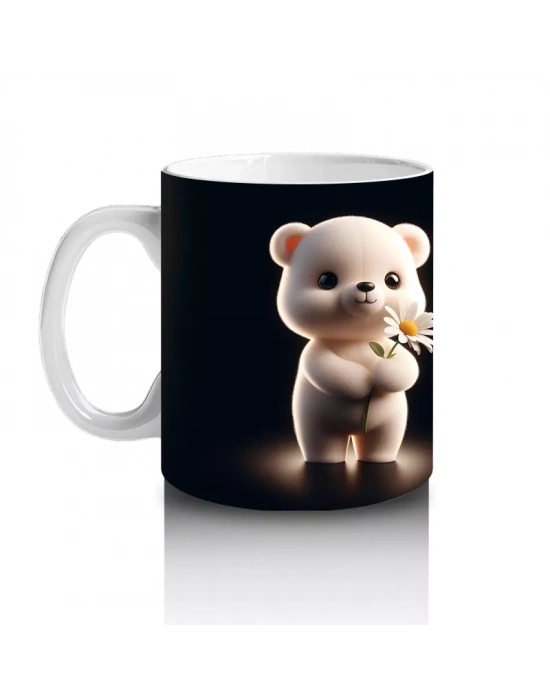 Çift Taraflı Papatyalı Minik Ayıcık Figürü - Baskılı kahve kupası