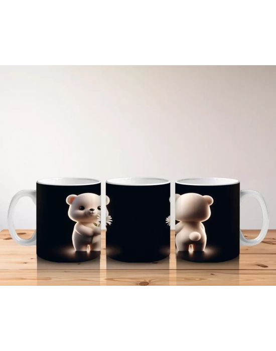 Çift Taraflı Papatyalı Minik Ayıcık Figürü - Baskılı kahve kupası