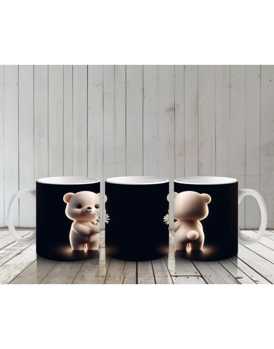 Çift Taraflı Papatyalı Minik Ayıcık Figürü - Baskılı kahve kupası