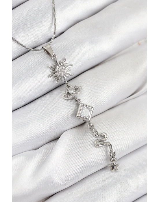 316L Çelik Zirkon Taşlı Güneş Ve Ay Enerji Model Gümüş Renk Kadın Kolye