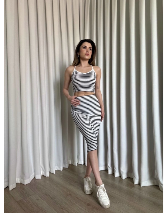 Çizgili etek crop takım