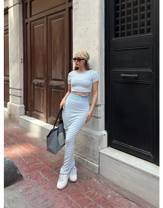 Çizgili etekli takım mavi s3609