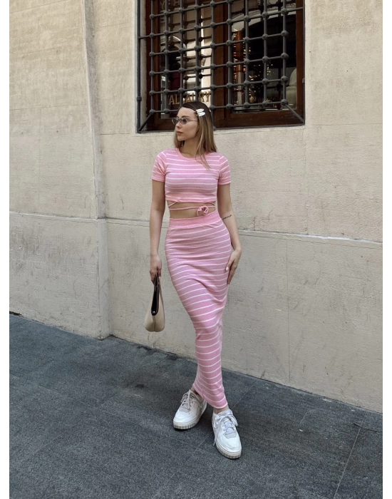 Çizgili etekli takım pembe s3609