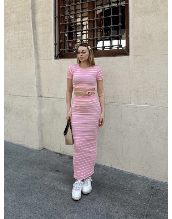 Çizgili etekli takım pembe s3609