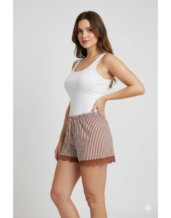 Çizgili Penye Kadın Ev Şortu Bacak Dantel Detaylı Ev Giyim Kahverengi