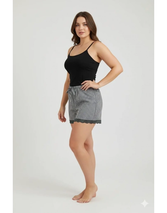 Çizgili Penye Kadın Ev Şortu Bacak Dantel Detaylı Ev Giyim Siyah