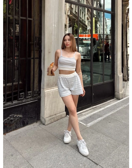 Çizgili şortlu takım gri s3978