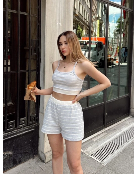 Çizgili şortlu takım gri s3978