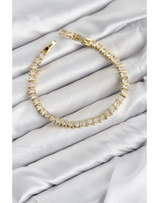 CM Şerit Model Zirkon Taşlı VIP Seri Gold Renk Pirinç Kadın Bileklik