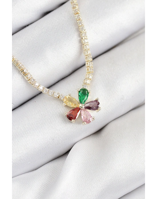 Pirinç Zirkon Taşlı Su Yolu Asorti Çiçek Model Gold Renk Kadın Kolye