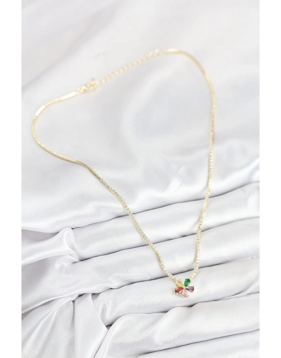 Pirinç Zirkon Taşlı Su Yolu Asorti Çiçek Model Gold Renk Kadın Kolye